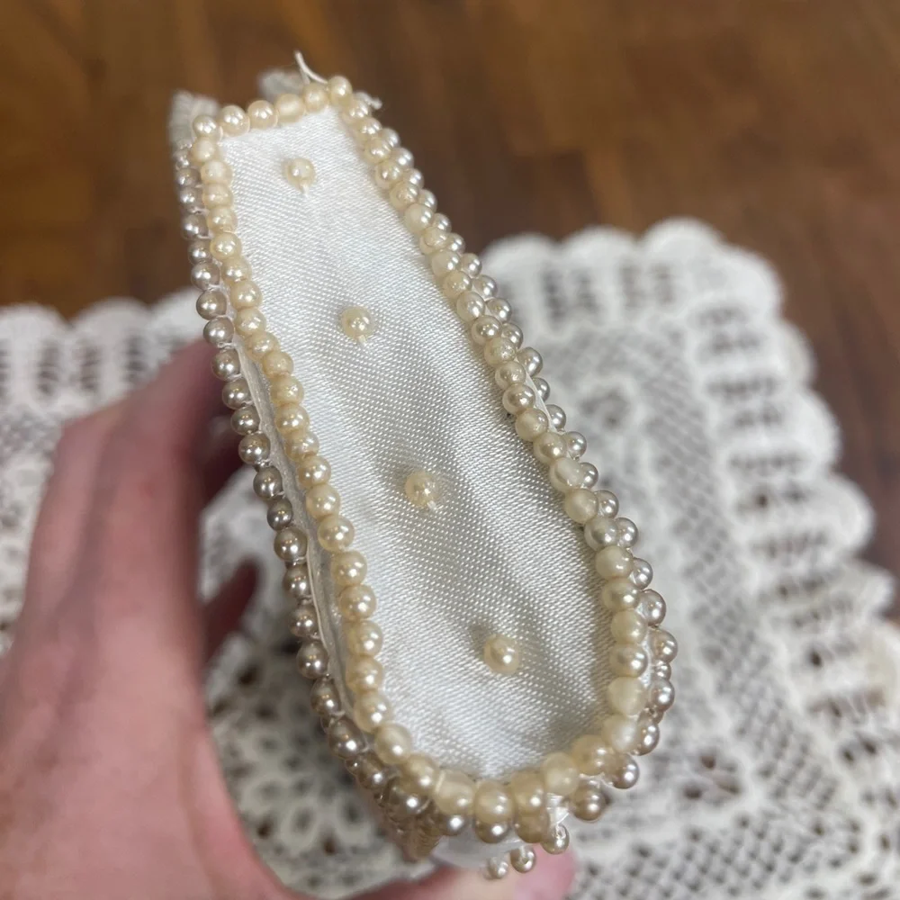 Vintage Cream/White Pearl Clutch Purse Satin FLAW 1959